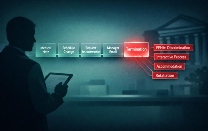 Stylized illustration of a manager auditing a highlighted termination timeline and communications chain.