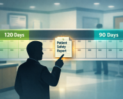 Stylized timeline spotlight showing a patient-safety report and later adverse action, highlighting retaliation risk.