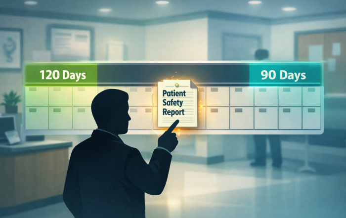 Stylized timeline spotlight showing a patient-safety report and later adverse action, highlighting retaliation risk.