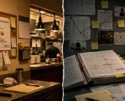 Split-scene restaurant office with shift schedule on one side and legal evidence files under review on the other.