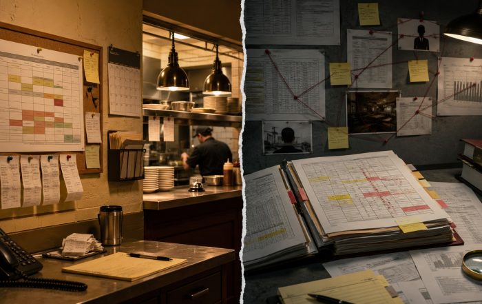 Split-scene restaurant office with shift schedule on one side and legal evidence files under review on the other.