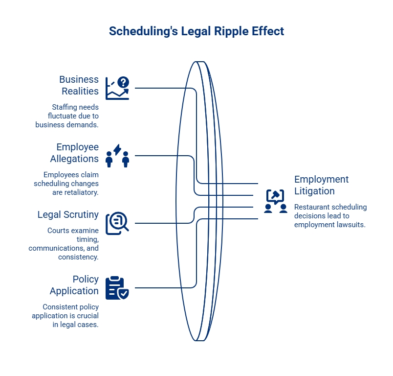 Scheduling legal ripple effect graphic showing business needs, employee allegations, legal scrutiny, and policy application leading to litigation.