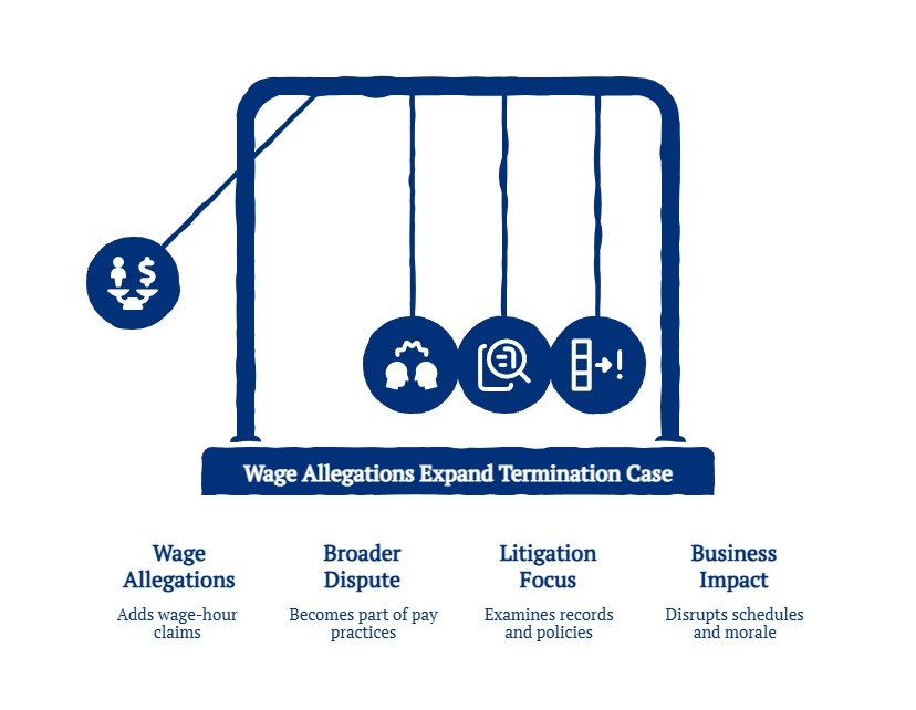Wage allegation graphic showing how wage and hour disputes can expand termination cases into broader litigation involving pay practices, records review, and operational disruption for employers.
