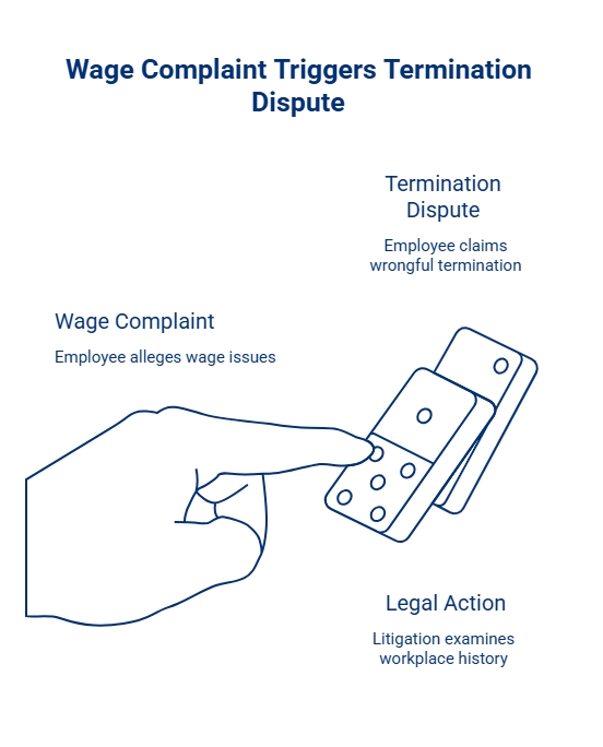 Wage complaint domino graphic showing how employee wage allegations may trigger termination disputes and legal action over workplace history.