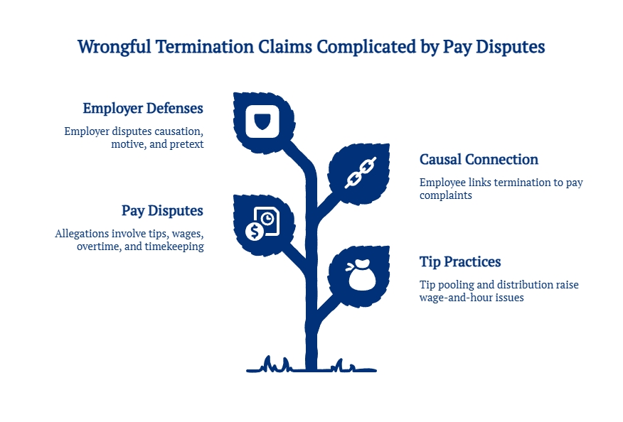 Pay dispute illustration showing wrongful termination claims tied to wages, tips, overtime, and timekeeping, with employer defenses focusing on causation, pretext, and tip practices.