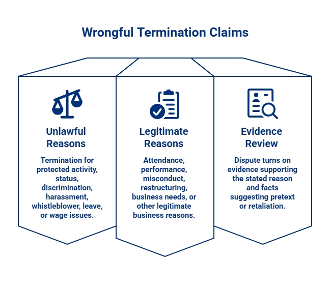 Wrongful termination claims graphic comparing unlawful reasons, legitimate business reasons, and evidence review in employment litigation disputes.