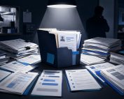 Restaurant back-office desk with employee file and legal paperwork under a spotlight