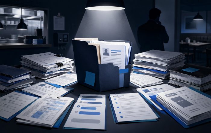 Restaurant back-office desk with employee file and legal paperwork under a spotlight