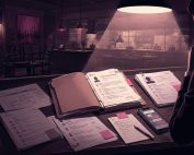 Restaurant desk under spotlight with legal files, schedules, and messages showing wrongful termination scrutiny