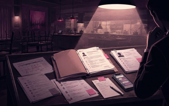 Restaurant desk under spotlight with legal files, schedules, and messages showing wrongful termination scrutiny