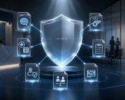 Translucent at-will shield connected to employment records inside a medical office, symbolizing wrongful termination scrutiny.
