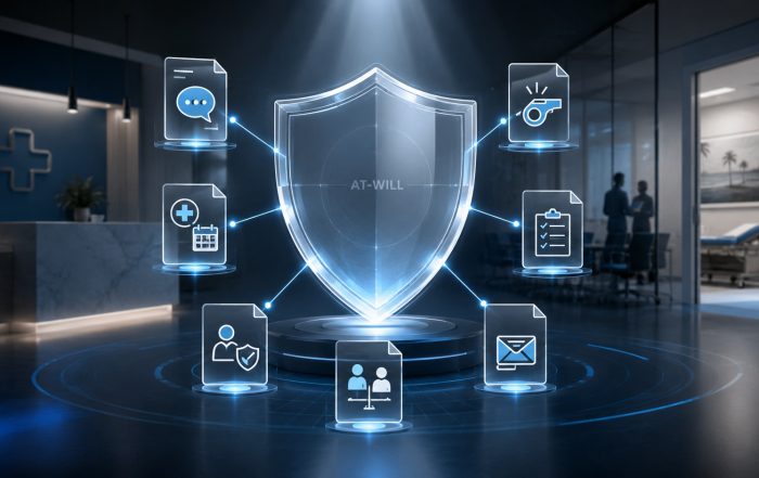 Translucent at-will shield connected to employment records inside a medical office, symbolizing wrongful termination scrutiny.