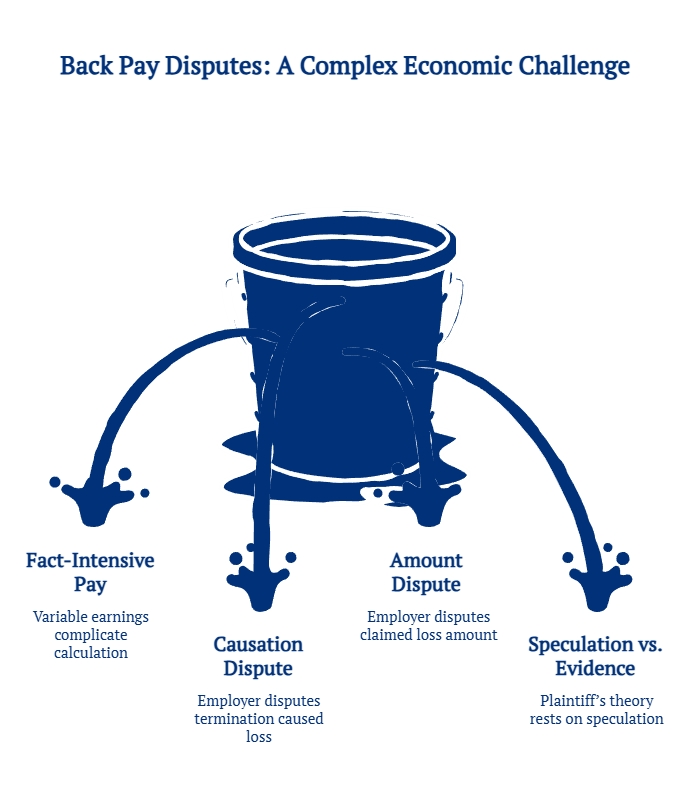 Graphic showing back pay disputes as a complex economic issue involving fact-intensive pay calculations, causation, disputed amounts, and speculation versus evidence.