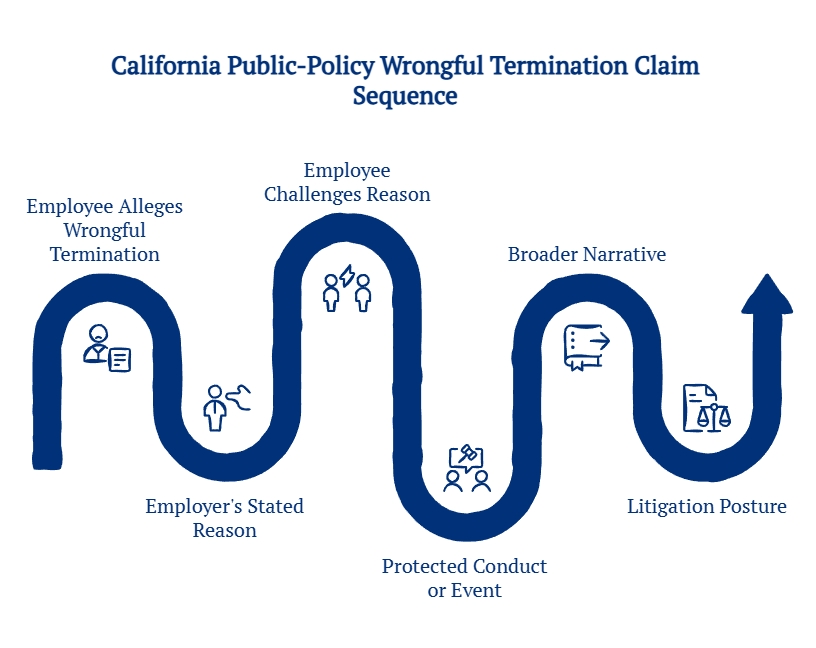 Timeline graphic showing a California public-policy wrongful termination claim sequence, from the employee’s allegation and employer’s stated reason to protected conduct and litigation posture.