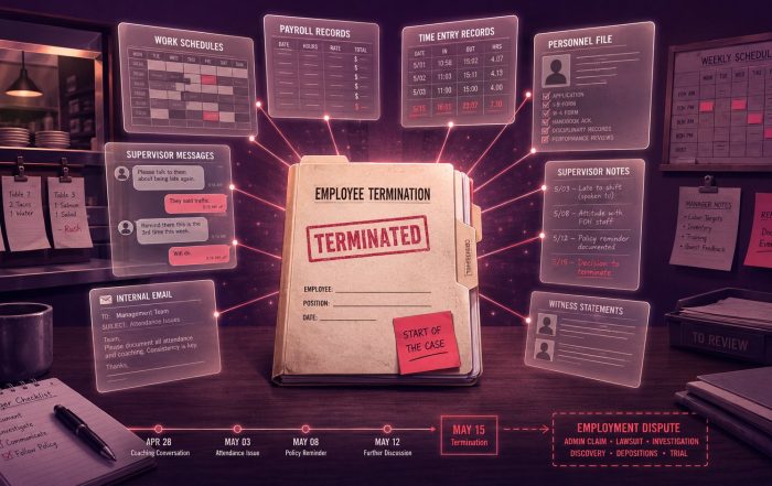 Termination case file on a restaurant manager’s desk surrounded by payroll, schedule, and supervisor record panels.