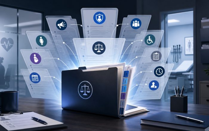 Legal case file expanding into related employment claims inside a small medical practice office.