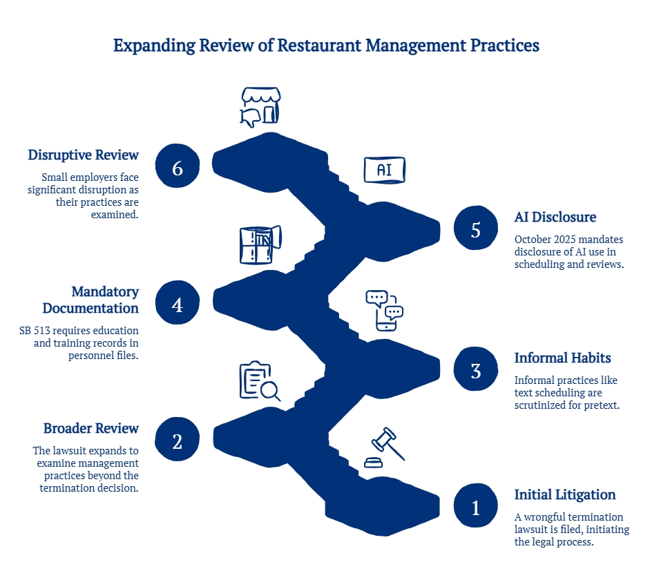 Graphic showing six stages of restaurant management scrutiny, from initial wrongful termination litigation to AI disclosure, documentation, and disruptive review.