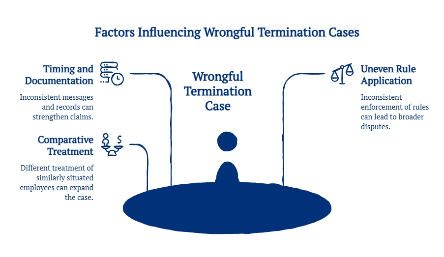 Graphic showing factors that can influence wrongful termination cases, including timing, documentation, comparative treatment, and uneven rule application.