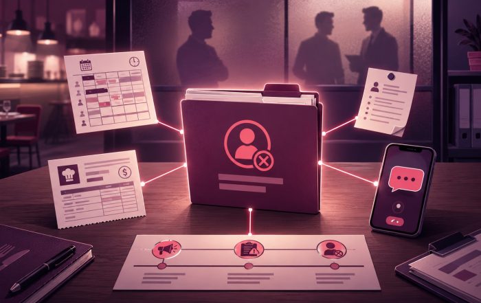 Restaurant termination file linked to schedules, payroll records, texts, and a timeline of workplace events.