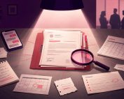 Termination file under spotlight with texts, notes, payroll records, and a magnifying glass showing litigation scrutiny.