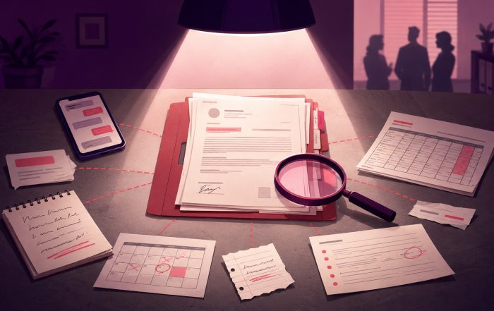 Termination file under spotlight with texts, notes, payroll records, and a magnifying glass showing litigation scrutiny.