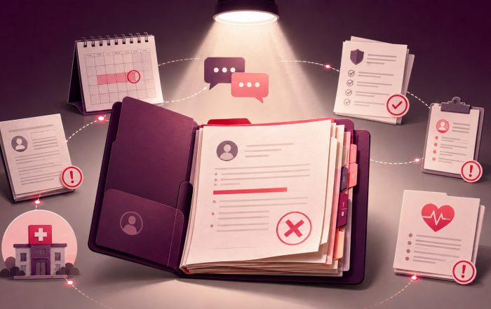 Termination file under review with medical practice, calendar, communication, and compliance icons.