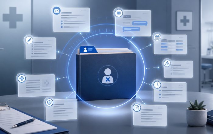 Medical practice personnel file surrounded by digital records showing scrutiny in a wrongful termination dispute.