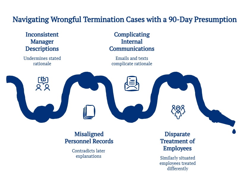 Graphic showing pitfalls in wrongful termination cases with a 90-day presumption, including inconsistent manager descriptions, records, communications, and employee treatment.