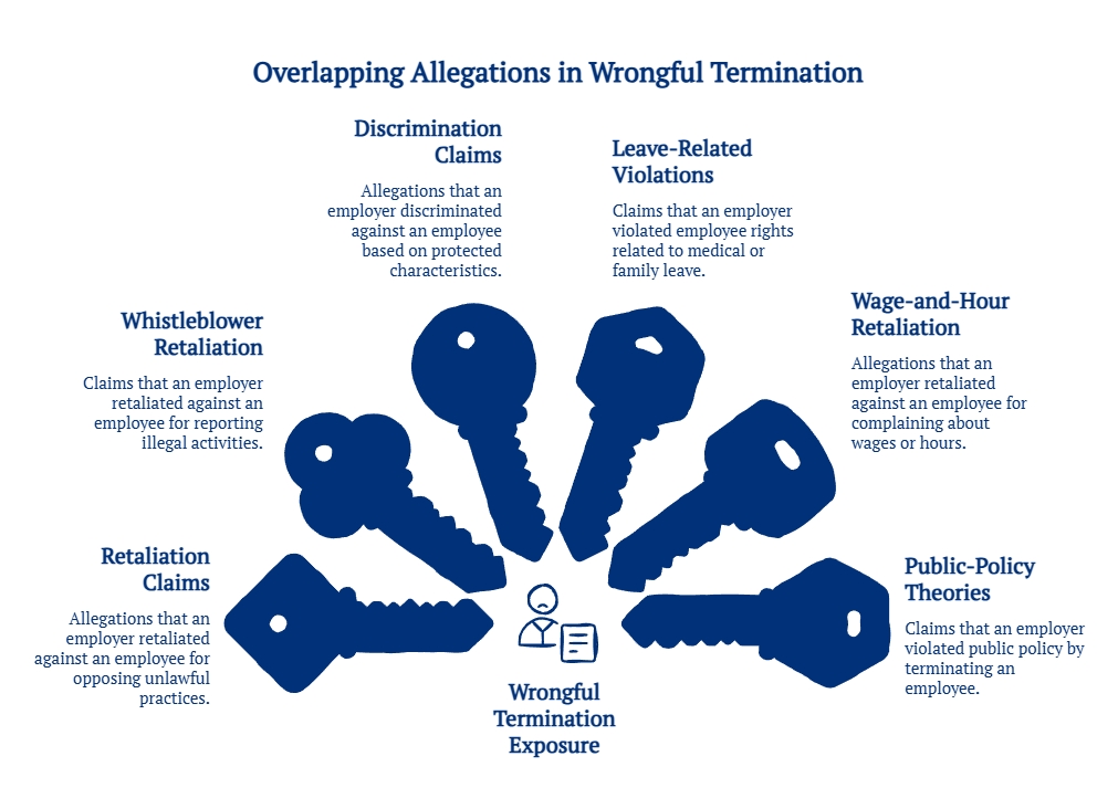 Infographic showing overlapping wrongful termination allegations, including retaliation, whistleblower, discrimination, leave-related, wage-and-hour, and public-policy claims.