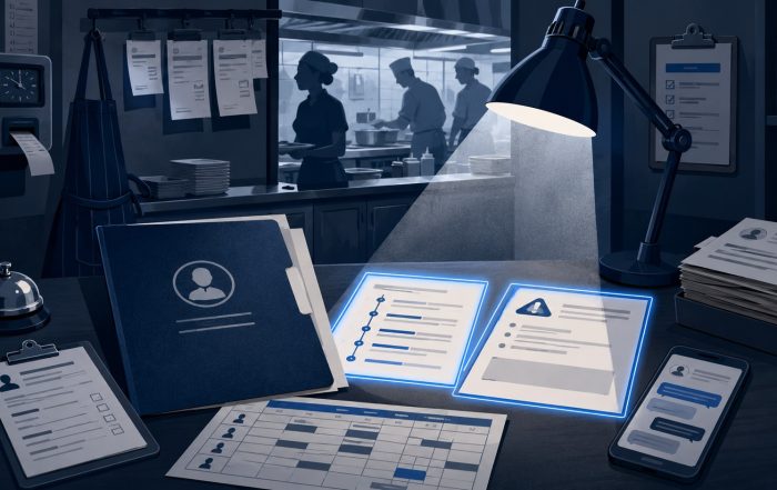 Restaurant back office documents reviewed under a desk lamp with kitchen staff in the background.