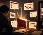 Restaurant owner reviews a glowing performance file with linked records in a back office, symbolizing wrongful termination risk.
