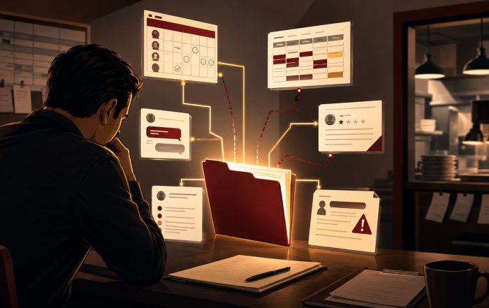 Restaurant owner reviews a glowing performance file with linked records in a back office, symbolizing wrongful termination risk.