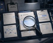 Restaurant employment file under magnification with schedules, write-ups, and records linked for legal scrutiny.