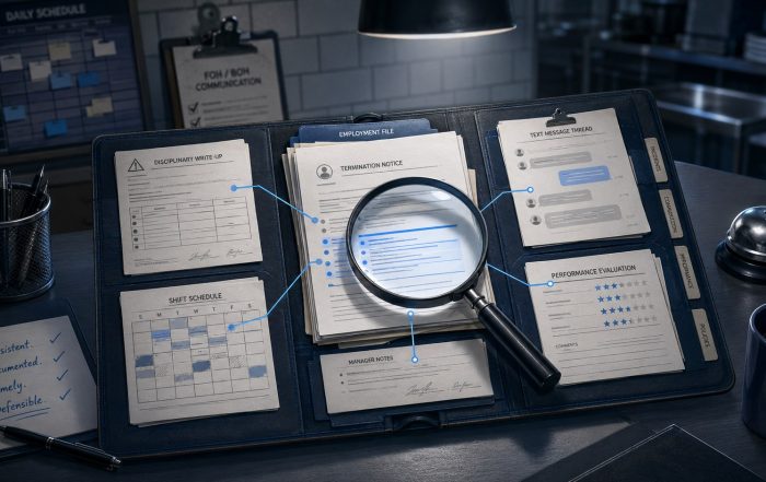 Restaurant employment file under magnification with schedules, write-ups, and records linked for legal scrutiny.
