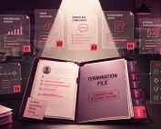 Termination file under legal scrutiny in a restaurant setting with evidence panels and timeline notes.