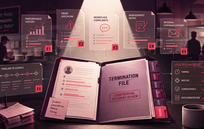 Termination file under legal scrutiny in a restaurant setting with evidence panels and timeline notes.