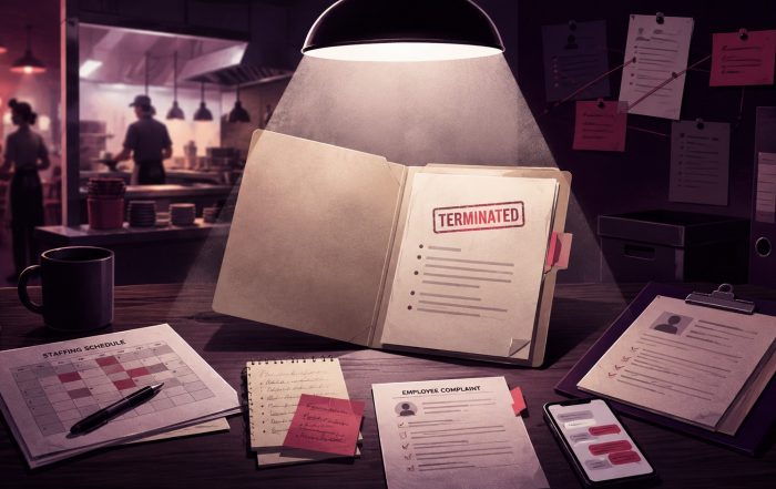 Restaurant termination file under spotlight with staffing schedule, complaint form, notes, and text messages on a desk.