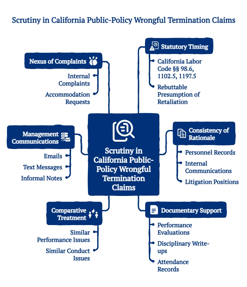 Graphic outlining scrutiny in California public-policy wrongful termination claims, including complaints, communications, statutory timing, rationale consistency, and records.