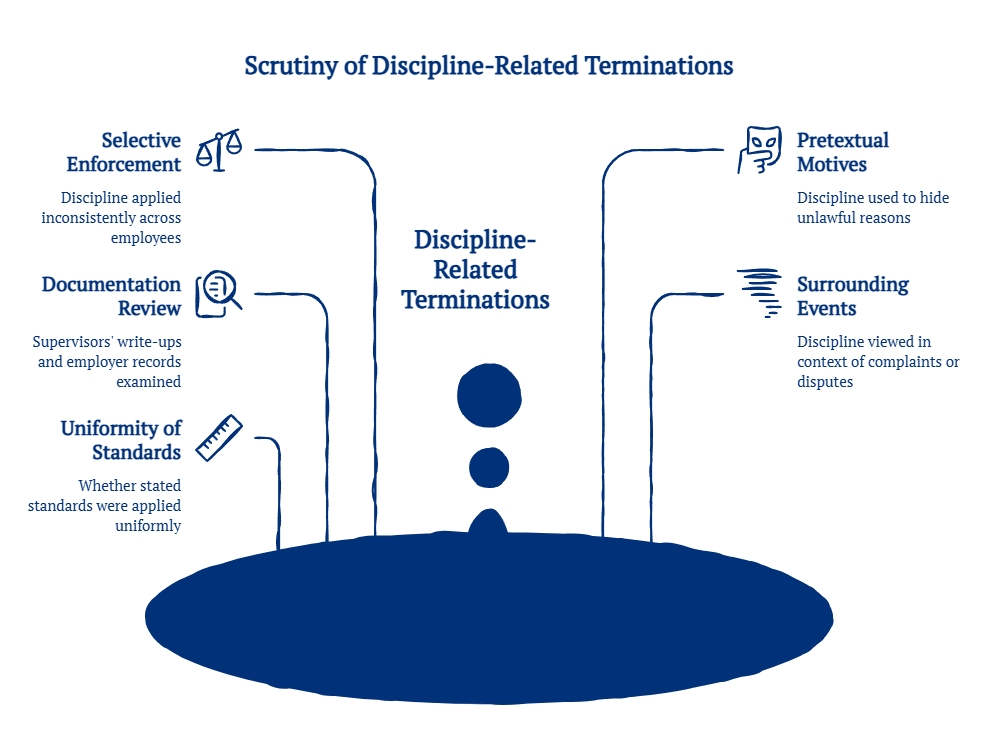 Infographic showing legal scrutiny of discipline-related terminations, including selective enforcement, documentation review, uniform standards, motives, and events.