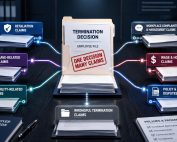 Termination file branching into multiple employment claim folders on a legal strategy table.