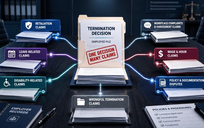 Termination file branching into multiple employment claim folders on a legal strategy table.
