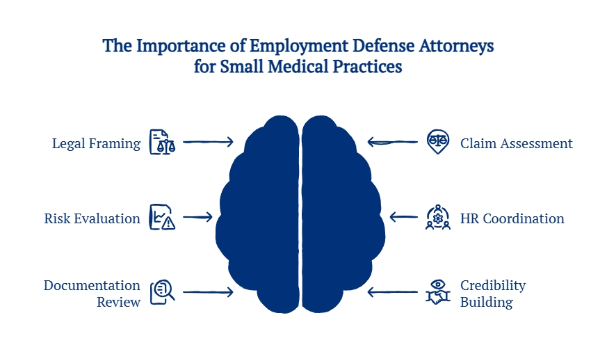 Graphic showing how employment defense attorneys support small medical practices through legal framing, risk evaluation, documentation review, claim assessment, HR coordination, and credibility building.