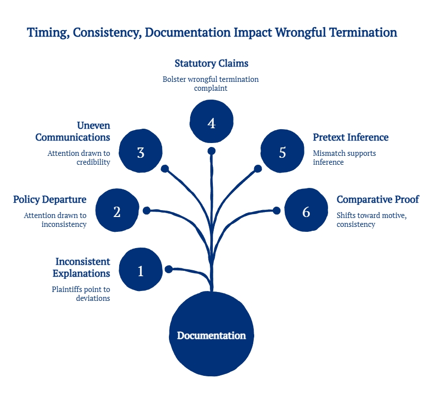 Infographic showing how documentation issues affect wrongful termination claims through inconsistent explanations, policy departures, uneven communications, statutory claims, pretext, and comparative proof.