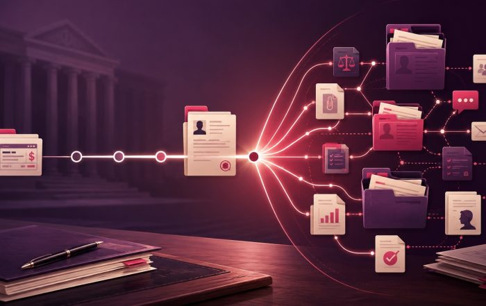 Legal timeline expanding from a payroll dispute into a broader retaliation case map with records and folders.