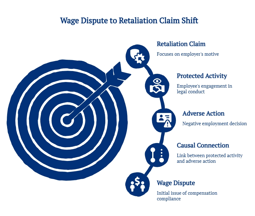 Infographic showing how a wage dispute may shift into a retaliation claim through protected activity, adverse action, causal connection, and employer motive.