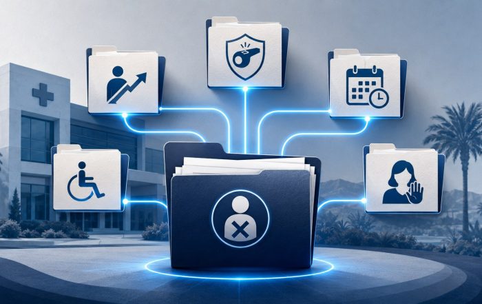 Medical practice case file branching into wrongful termination, retaliation, leave, disability, and harassment claim folders.