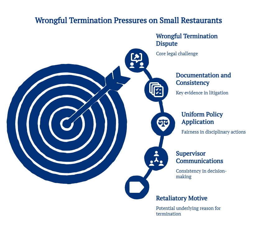 Infographic showing wrongful termination pressures on small restaurants, including documentation, policy consistency, supervisor communications, and retaliatory motive.