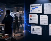 Stylized restaurant manager reviewing schedules as kitchen operations transform into complaint and employment records.