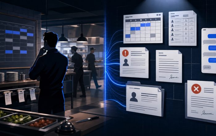 Stylized restaurant manager reviewing schedules as kitchen operations transform into complaint and employment records.