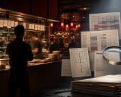 Restaurant manager watches busy kitchen as payroll records and messages appear under legal-style scrutiny.